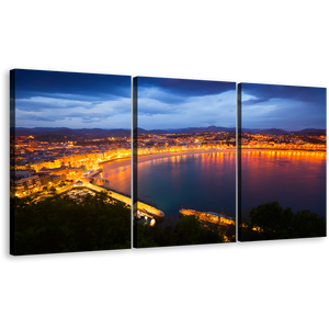 San Sebastián Canvas Wall Art, Yellow City Beach Canvas Print, Spain La Concha Bay 3 Piece Canvas Set