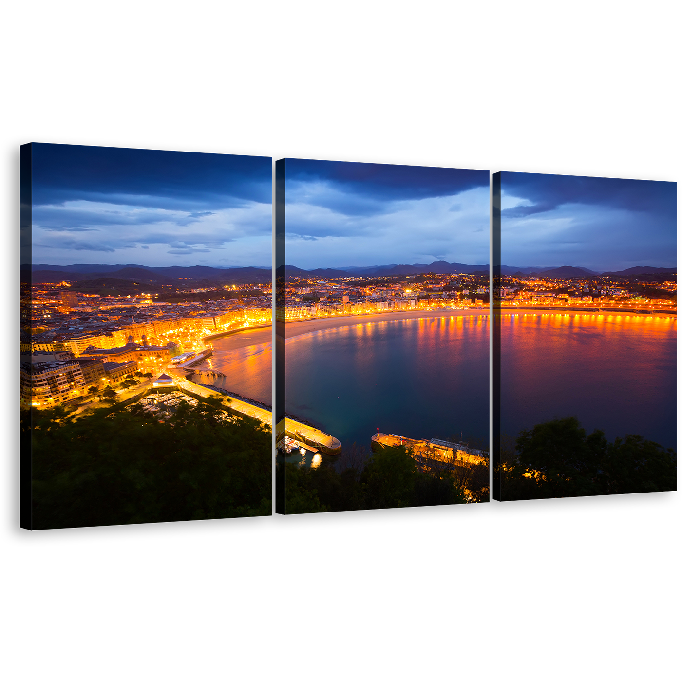 San Sebastián Canvas Wall Art, Yellow City Beach Canvas Print, Spain La Concha Bay 3 Piece Canvas Set