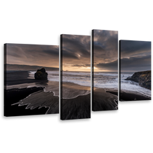 Load image into Gallery viewer, Sand Beach Canvas Wall Art, Grey Reynisfjara Ocean Beach Rocks 4 Piece Multi Canvas, Dramatic Yellow Sunset Sky Canvas Print
