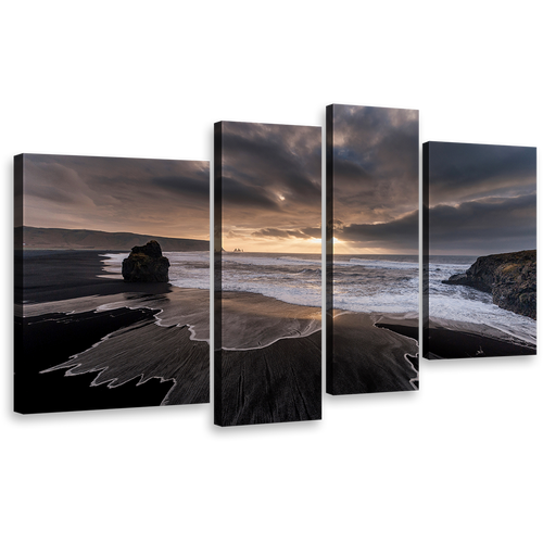 Sand Beach Canvas Wall Art, Grey Reynisfjara Ocean Beach Rocks 4 Piece Multi Canvas, Dramatic Yellow Sunset Sky Canvas Print