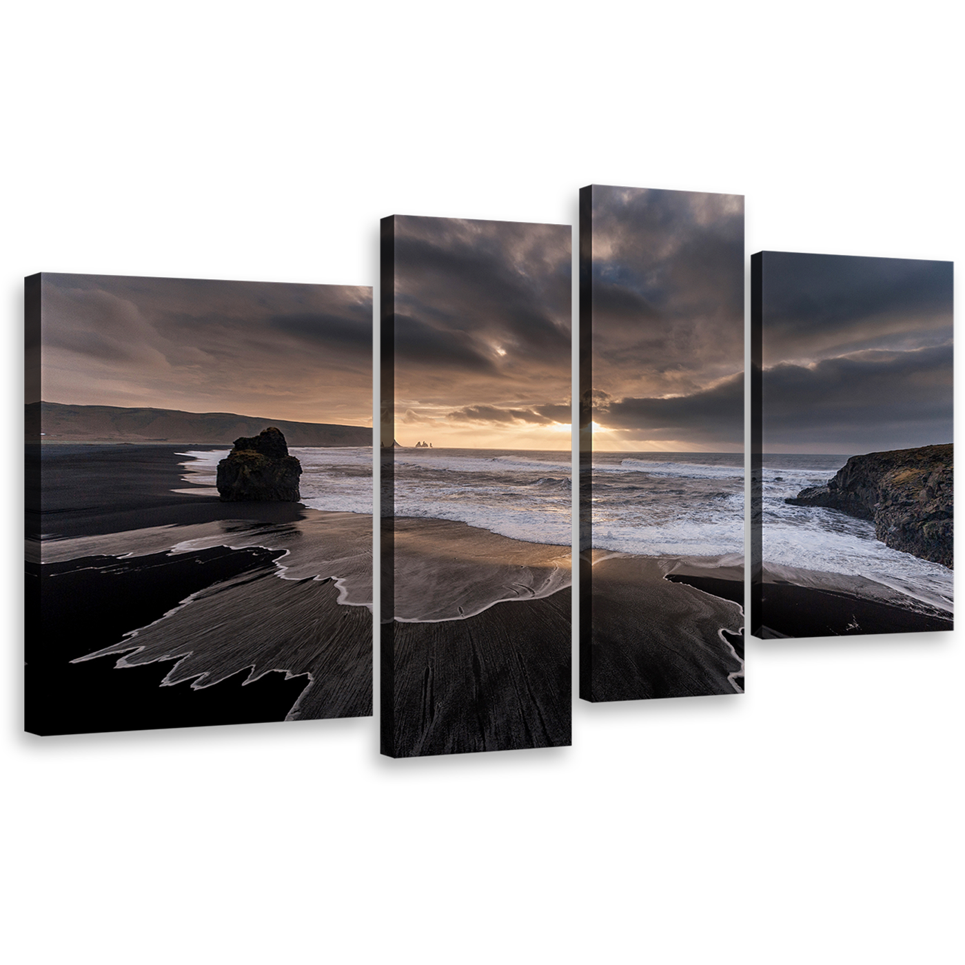 Sand Beach Canvas Wall Art, Grey Reynisfjara Ocean Beach Rocks 4 Piece Multi Canvas, Dramatic Yellow Sunset Sky Canvas Print