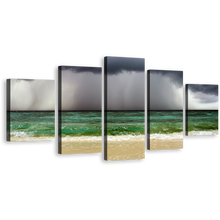 Load image into Gallery viewer, Sand Beach Canvas Wall Art, Sea Green Waves Ocean Canvas Print, Dramatic Grey Clouds Ocean Sky 5 Piece Split Canvas
