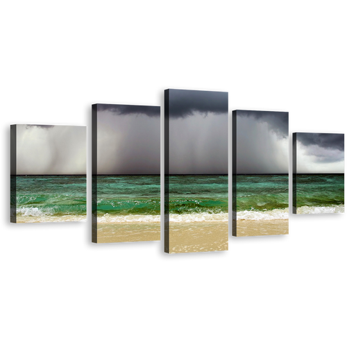 Sand Beach Canvas Wall Art, Sea Green Waves Ocean Canvas Print, Dramatic Grey Clouds Ocean Sky 5 Piece Split Canvas