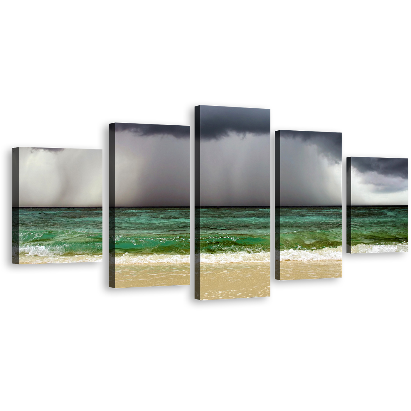 Sand Beach Canvas Wall Art, Sea Green Waves Ocean Canvas Print, Dramatic Grey Clouds Ocean Sky 5 Piece Split Canvas