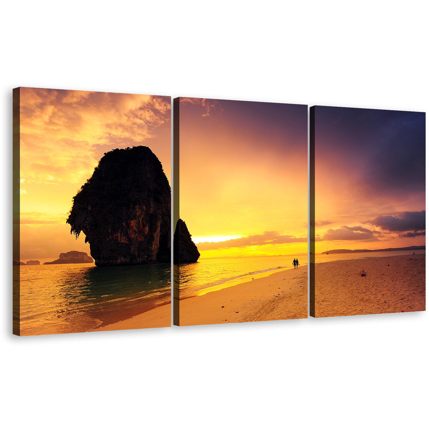 Sand Beach Wall Art, Yellow Cloudy Sunset Sky Canvas Print, Brown Sand Ocean Rocks 3 Piece Multi Canvas