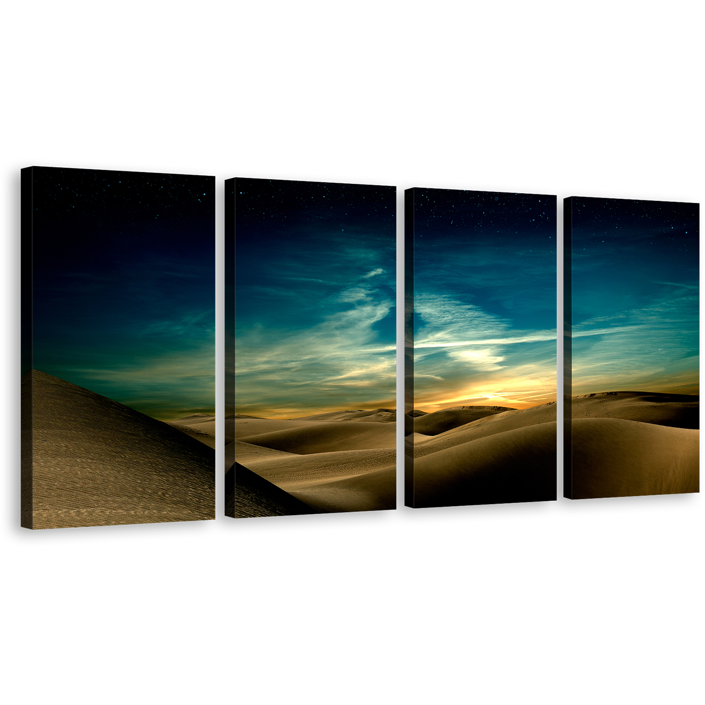 Sand Deserts Canvas Print, Blue Mountain Dramatic Sky Canvas Set, Sahara Dunes Multi Canvas, Brown Desert at Night 4 Piece Canvas Wall Art