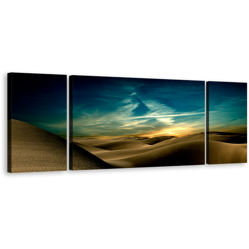 Sand Dunes Canvas Wall Art, Brown Desert at Night Canvas Print, Blue Mountain Dramatic Sky Multi Canvas, Sahara Deserts 3 Piece Canvas