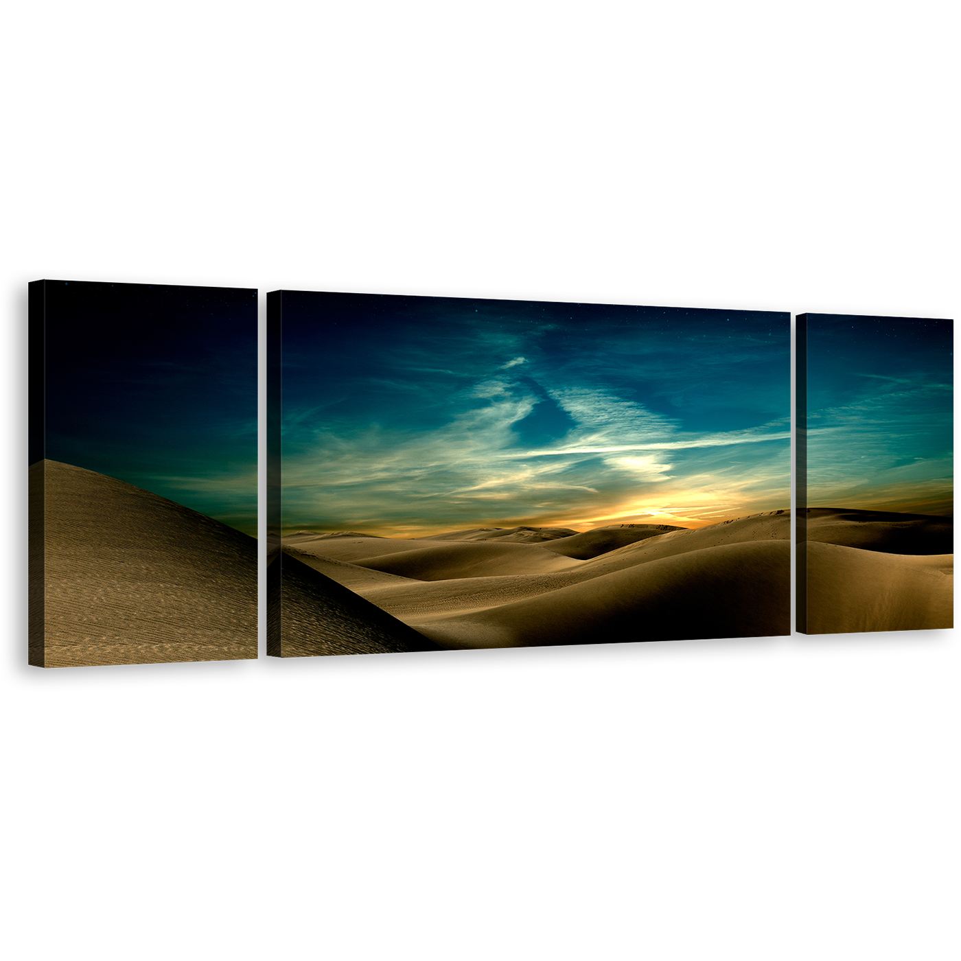 Sand Dunes Canvas Wall Art, Brown Desert at Night Canvas Print, Blue Mountain Dramatic Sky Multi Canvas, Sahara Deserts 3 Piece Canvas