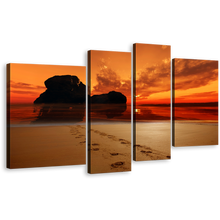 Load image into Gallery viewer, Sand Footprint Wall Art, Red Sunset Footsteps on Beach Canvas Print, Orange Sky Ocean Rocks 4 Piece Multiple Canvas
