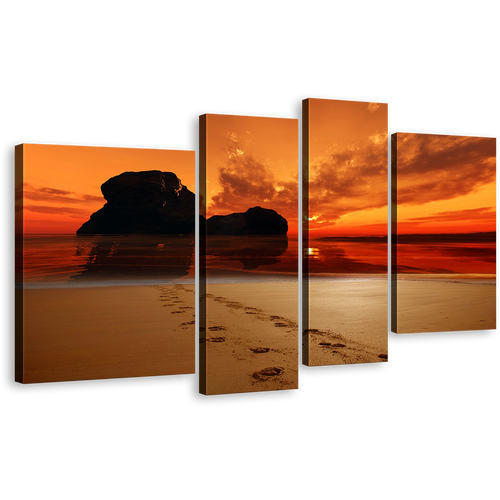 Sand Footprint Wall Art, Red Sunset Footsteps on Beach Canvas Print, Orange Sky Ocean Rocks 4 Piece Multiple Canvas