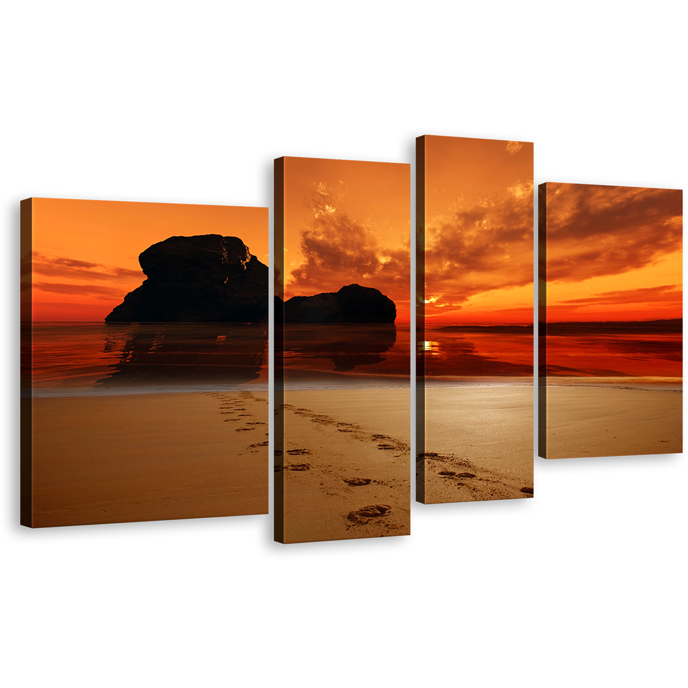 Sand Footprint Wall Art, Red Sunset Footsteps on Beach Canvas Print, Orange Sky Ocean Rocks 4 Piece Multiple Canvas