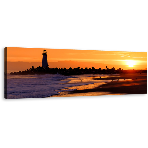 Santa Cruz Canvas Print, Orange Sky Black Lighthouse Panoramic Canvas Wall Art, California Beach 1 Piece Canvas, Light Beacon Canvas Artwork