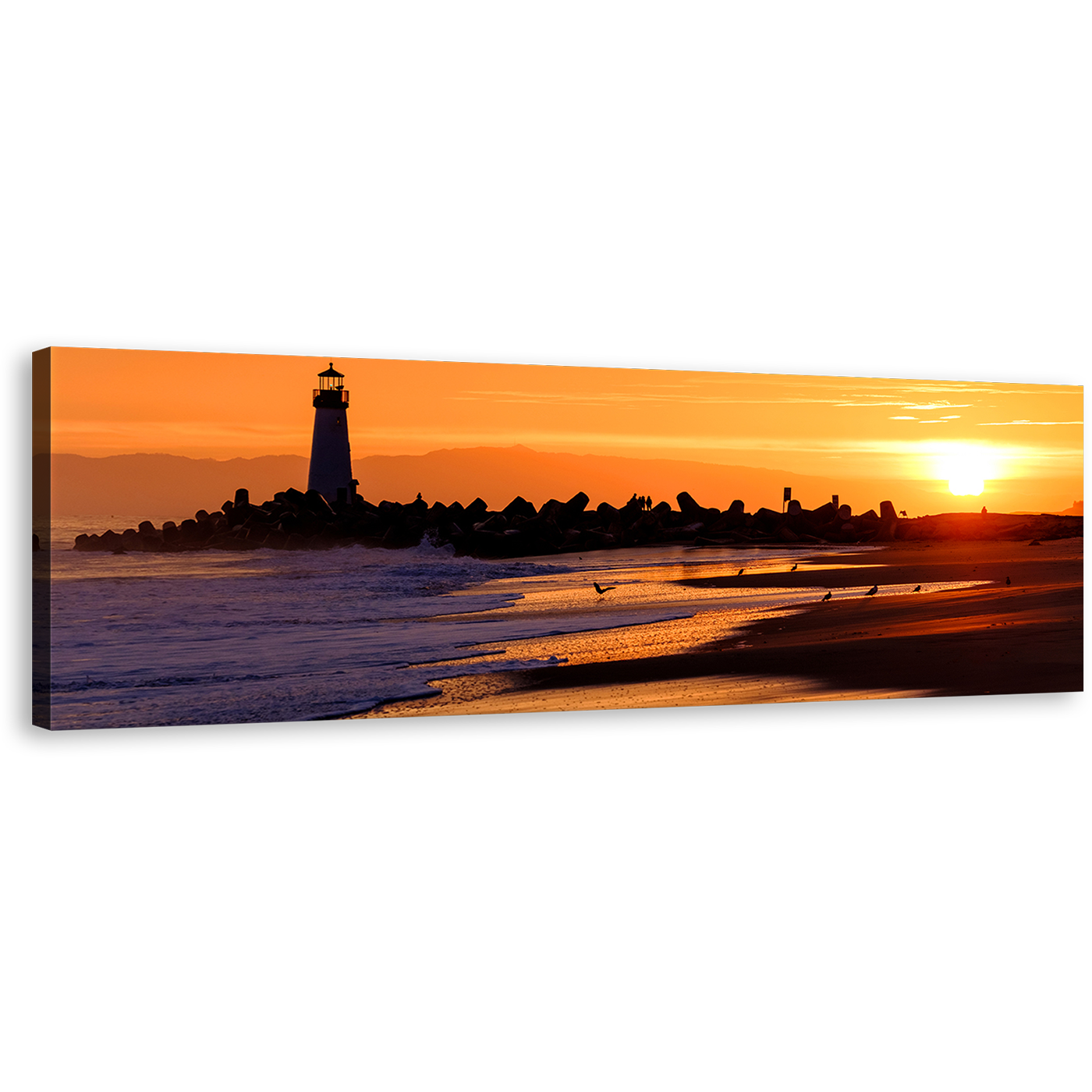 Santa Cruz Canvas Print, Orange Sky Black Lighthouse Panoramic Canvas Wall Art, California Beach 1 Piece Canvas, Light Beacon Canvas Artwork