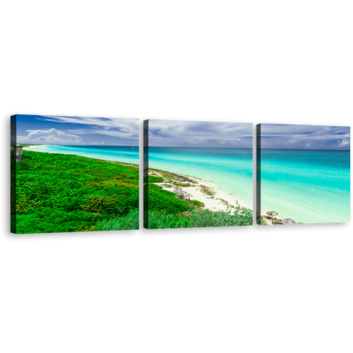 Santa Maria Canvas Print, Green Ocean Beach 3 Piece Canvas Wall Art, Cuba Blue Cloudy Ocean Triptych Canvas Print