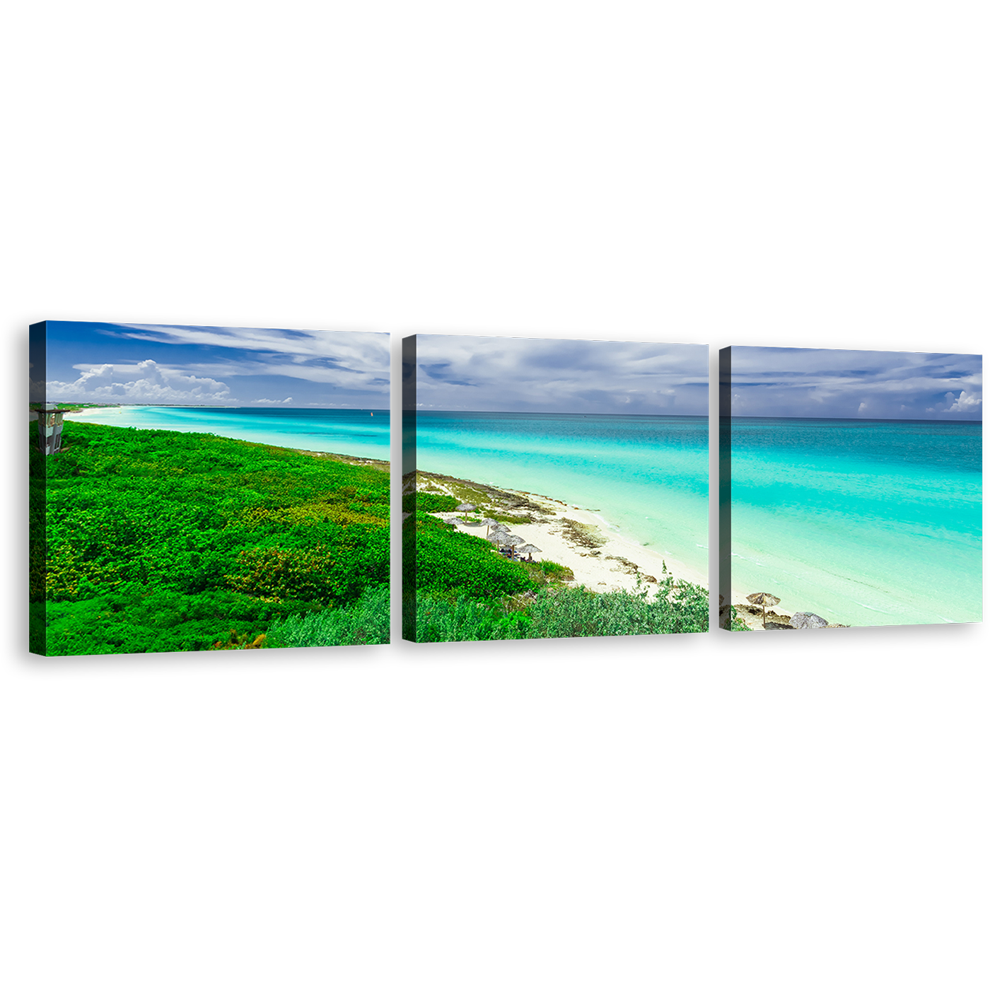 Santa Maria Canvas Print, Green Ocean Beach 3 Piece Canvas Wall Art, Cuba Blue Cloudy Ocean Triptych Canvas Print