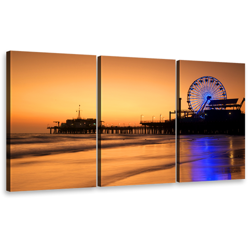 Santa Monica Canvas Wall Art, Blue Neon lit Ferris Wheel 3 Piece Canvas, Beautiful Ocean Beach Canvas Set, Orange Beach Pier Sunset Sky Canvas Print