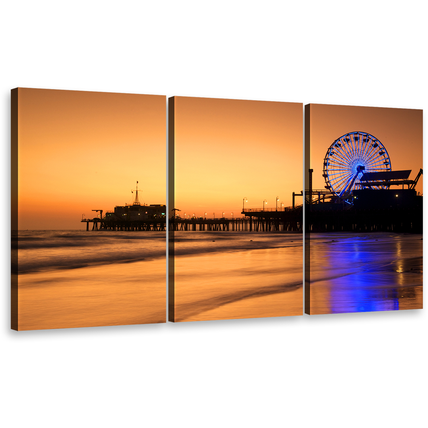 Santa Monica Canvas Wall Art, Blue Neon lit Ferris Wheel 3 Piece Canvas, Beautiful Ocean Beach Canvas Set, Orange Beach Pier Sunset Sky Canvas Print