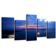 Load image into Gallery viewer, Santorini Greece Wall Art, Blue Sky Ocean 5 Piece Canvas Multi-panel Print, Sailboats Harbor Yellow Sunset Canvas Set
