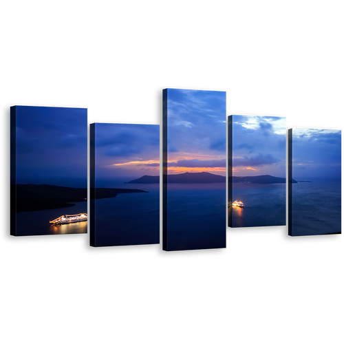 Santorini Greece Wall Art, Blue Sky Ocean 5 Piece Canvas Multi-panel Print, Sailboats Harbor Yellow Sunset Canvas Set