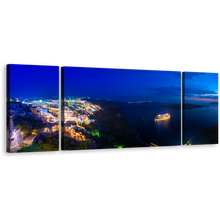 Load image into Gallery viewer, Santorini Island Canvas Print, Dramatic Blue Clouds Night Seascape Canvas Set, Yellow Greece Cityscape Lights 3 Piece Canvas Wall Art
