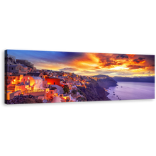 Load image into Gallery viewer, Santorini Island Canvas Wall Art,  Purple Oia Sea Panoramic Canvas Art, Greece Houses At Dramatic Yellow Sunset Dawn Canvas Print
