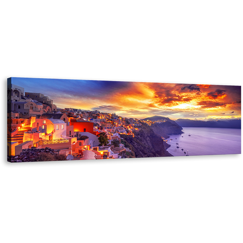 Santorini Island Canvas Wall Art,  Purple Oia Sea Panoramic Canvas Art, Greece Houses At Dramatic Yellow Sunset Dawn Canvas Print