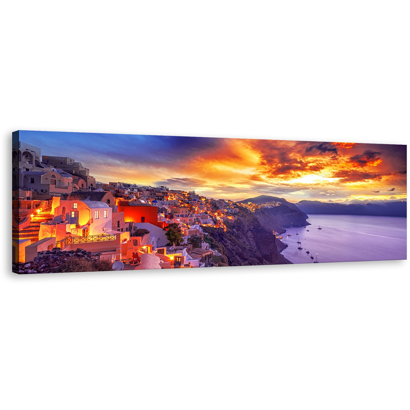 Santorini Island Canvas Wall Art,  Purple Oia Sea Panoramic Canvas Art, Greece Houses At Dramatic Yellow Sunset Dawn Canvas Print