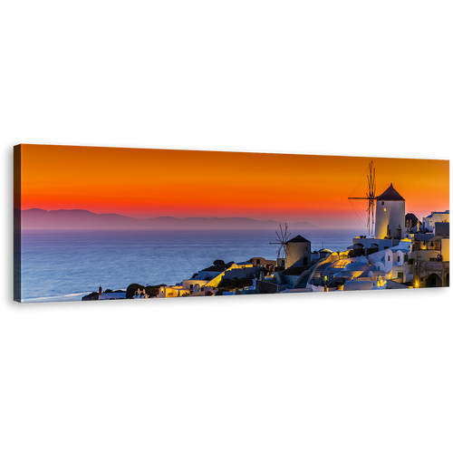 Santorini Island Canvas Wall Art, Blue Greece Houses Panoramic Canvas, Oia Orange Sky Sea Canvas Print