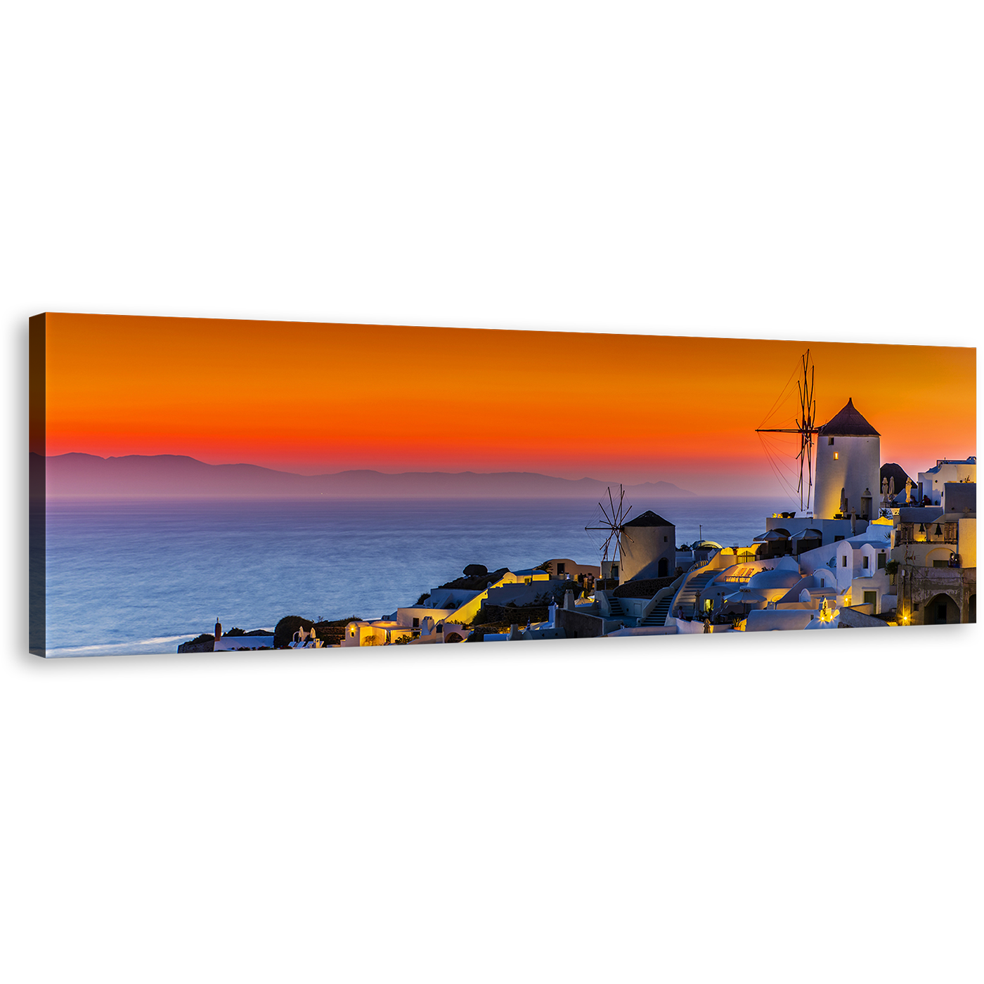 Santorini Island Canvas Wall Art, Blue Greece Houses Panoramic Canvas, Oia Orange Sky Sea Canvas Print