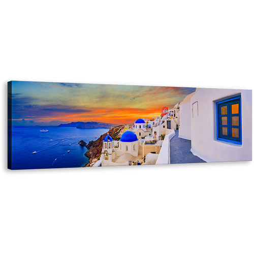 Santorini Island Wall Art, Greece Oia Blue White Houses Canvas Art, Dramatic Orange Clouds Aegean Sea Panoramic Canvas Print