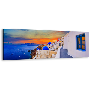 Santorini Island Wall Art, Greece Oia Blue White Houses Canvas Art, Dramatic Orange Clouds Aegean Sea Panoramic Canvas Print