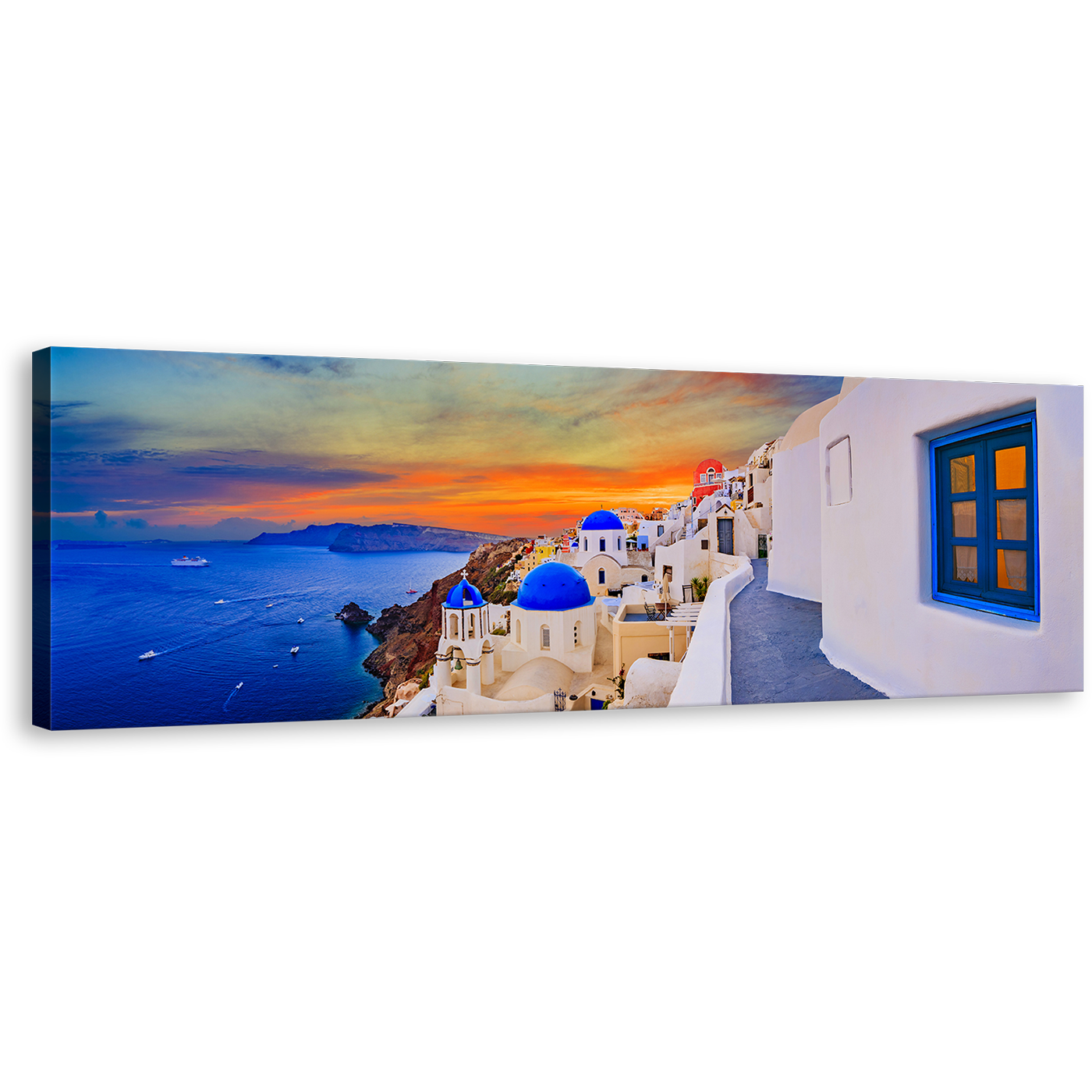 Santorini Island Wall Art, Greece Oia Blue White Houses Canvas Art, Dramatic Orange Clouds Aegean Sea Panoramic Canvas Print