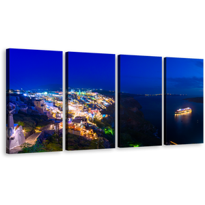 Santorini Seascape Canvas Wall Art, Greece Cloudy Blue Sky Cityscape 4 Piece Canvas Print, Cruise Ship Yellow Light Reflection Multi Canvas Artwork