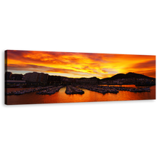 Load image into Gallery viewer, Santurtzi Sunrise Canvas Wall Art, Orange Port Ocean Sky 1 Piece Canvas Art, Yellow Port Boats Ocean Mountains Canvas Print
