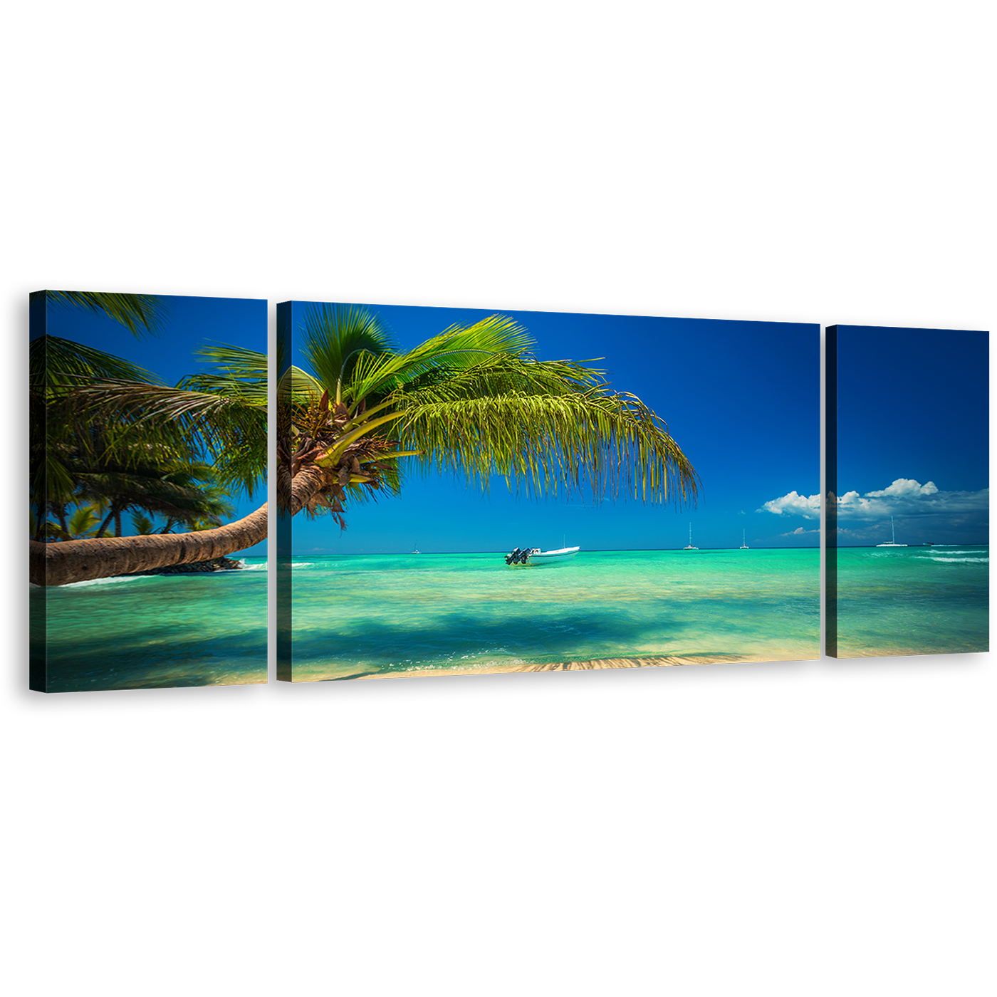 Saona Island Canvas Wall Art,  Punta Cana Blue Sky Ocean 3 Piece Canvas Print, Dominican Republic Green Ocean Beach Multiple Canvas