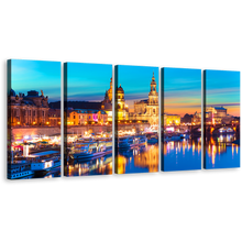 Load image into Gallery viewer, Saxony Skyline Wall Art, Gold Dawn Elbe River 5 Piece Canvas Print, Germany Blue Sky Dresden Harbor Embankment Canvas Set
