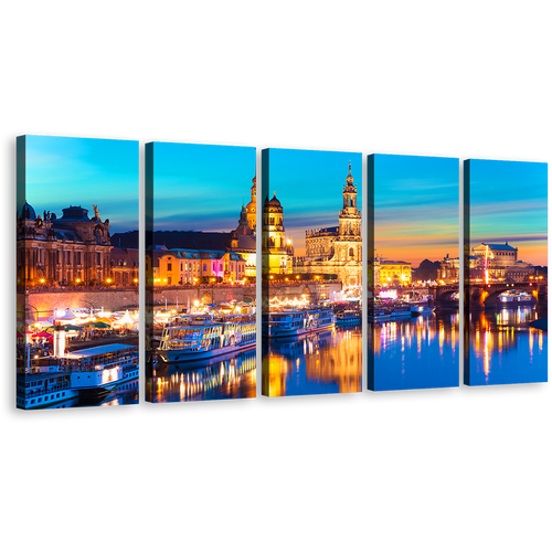 Saxony Skyline Wall Art, Gold Dawn Elbe River 5 Piece Canvas Print, Germany Blue Sky Dresden Harbor Embankment Canvas Set