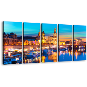 Saxony Skyline Wall Art, Gold Dawn Elbe River 5 Piece Canvas Print, Germany Blue Sky Dresden Harbor Embankment Canvas Set