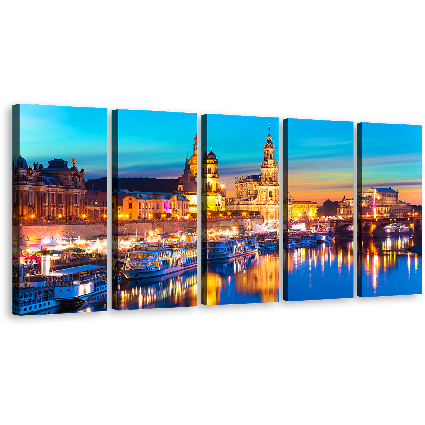 Saxony Skyline Wall Art, Gold Dawn Elbe River 5 Piece Canvas Print, Germany Blue Sky Dresden Harbor Embankment Canvas Set