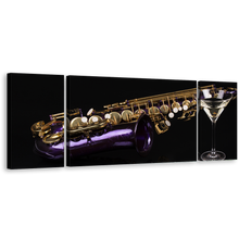 Load image into Gallery viewer, Saxophone Music Canvas Wall Art, Black Background 3 Piece Canvas Print, Violet Cocktail Triptych Canvas
