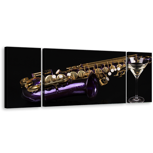 Saxophone Music Canvas Wall Art, Black Background 3 Piece Canvas Print, Violet Cocktail Triptych Canvas