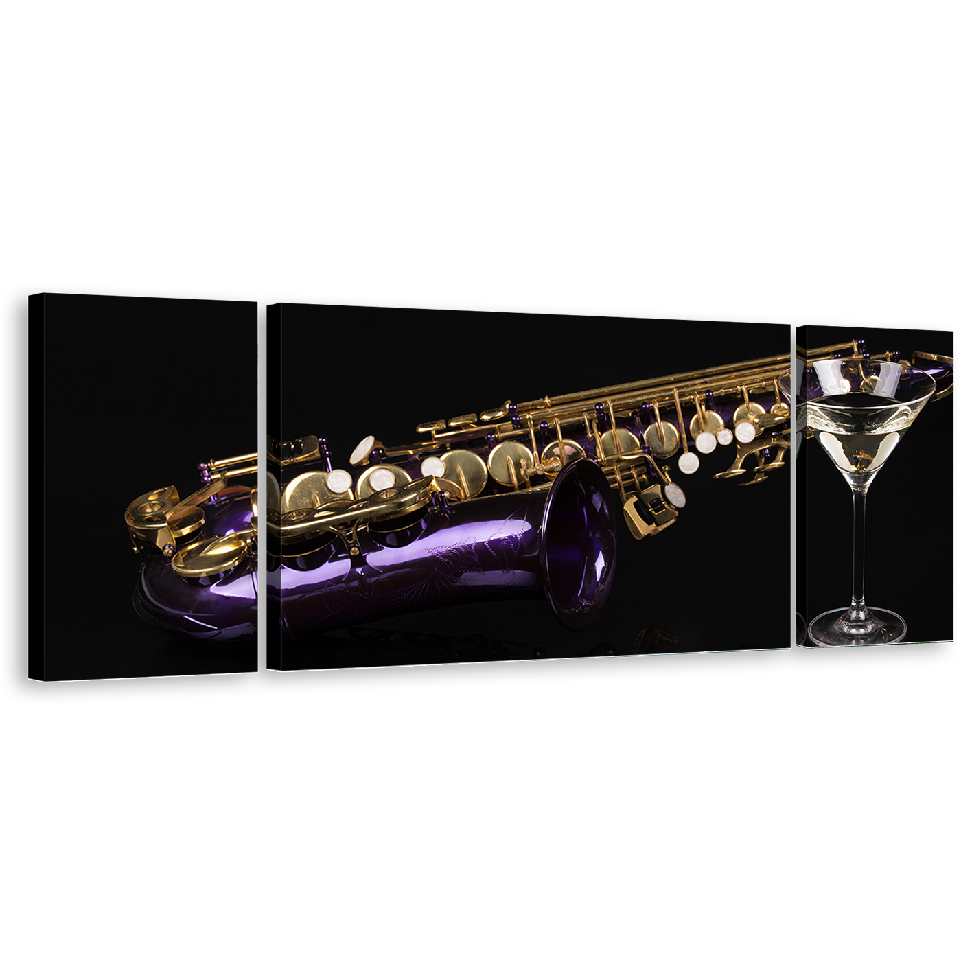 Saxophone Music Canvas Wall Art, Black Background 3 Piece Canvas Print, Violet Cocktail Triptych Canvas