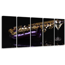 Load image into Gallery viewer, Saxophone Music Canvas Wall Art, Black Background 5 Piece Canvas, Violet Cocktail Canvas Print
