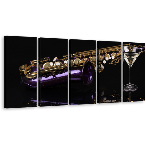 Saxophone Music Canvas Wall Art, Black Background 5 Piece Canvas, Violet Cocktail Canvas Print