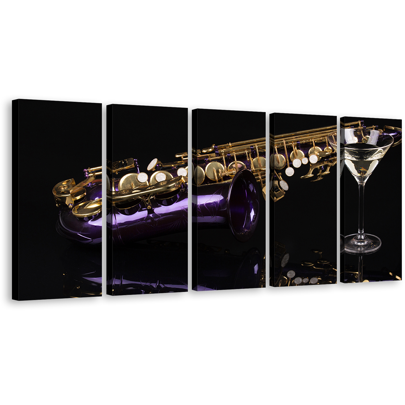 Saxophone Music Canvas Wall Art, Black Background 5 Piece Canvas, Violet Cocktail Canvas Print