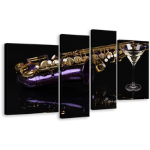 Load image into Gallery viewer, Saxophone Music Canvas Wall Art, Violet Cocktail 4 Piece Canvas Print, Black Background Multiple Canvas
