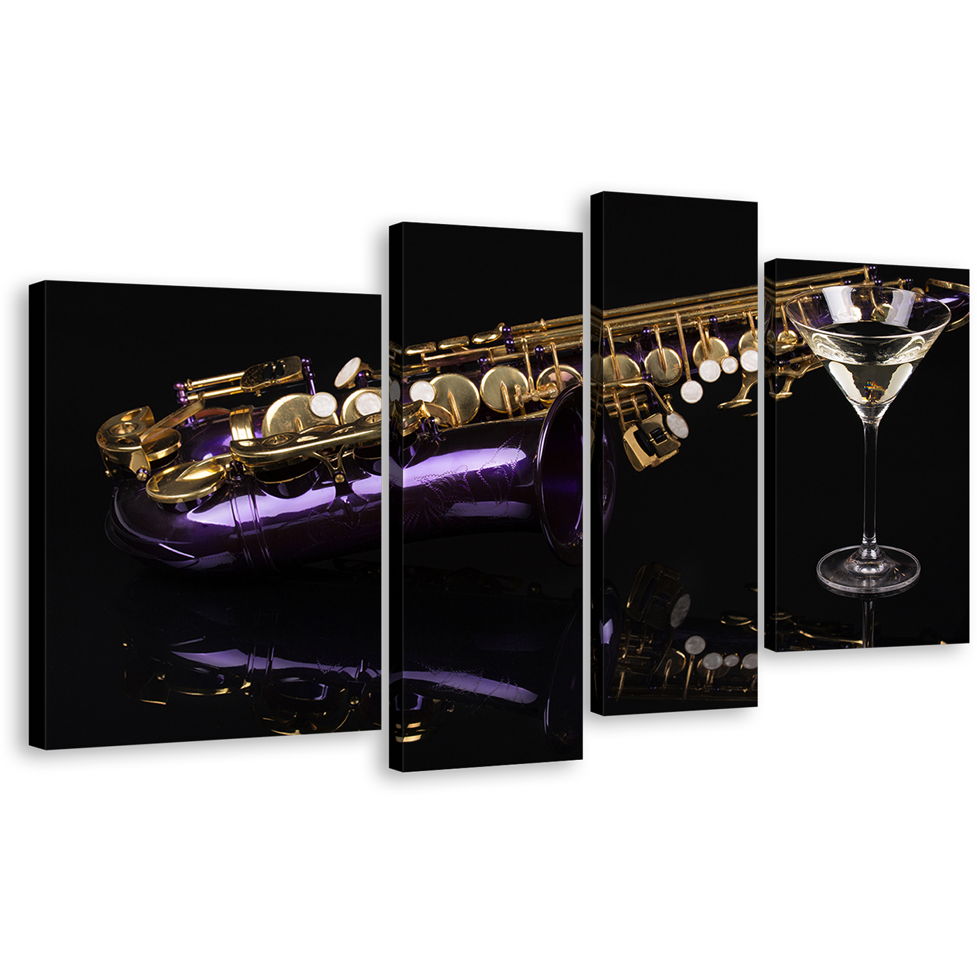 Saxophone Music Canvas Wall Art, Violet Cocktail 4 Piece Canvas Print, Black Background Multiple Canvas