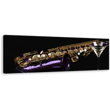 Load image into Gallery viewer, Saxophone Music Canvas Wall Art, Violet Cocktail Panoramic Canvas, Black Background Canvas Print
