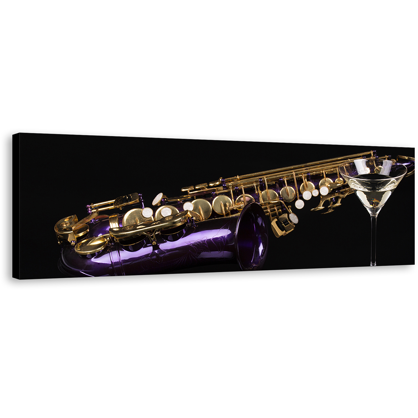 Saxophone Music Canvas Wall Art, Violet Cocktail Panoramic Canvas, Black Background Canvas Print