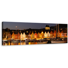 Load image into Gallery viewer, Scandinavia Harbor Wall Art, Orange Bergen Norway City 1 Piece Canvas Print, Grey Night Houses Canals Overlook Canvas Art
